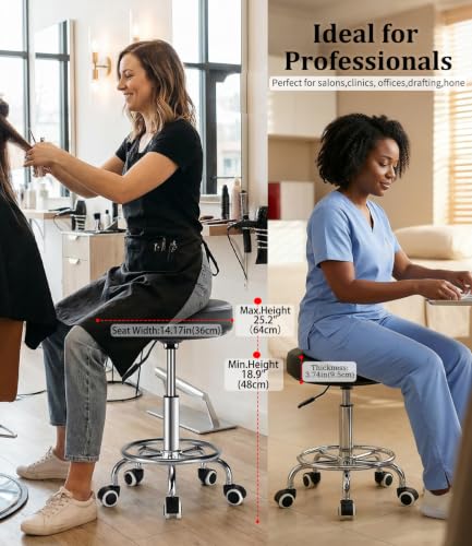Image of Adjustable Rolling Stool with Wheels 500lb,Thick 9.5cm Cushion,30-Second Assembly,Heavy Duty Round Rolling Stool with Footrest,Patent Leather For Drafting Stool Chair Work Spa Salon Seat（Black）