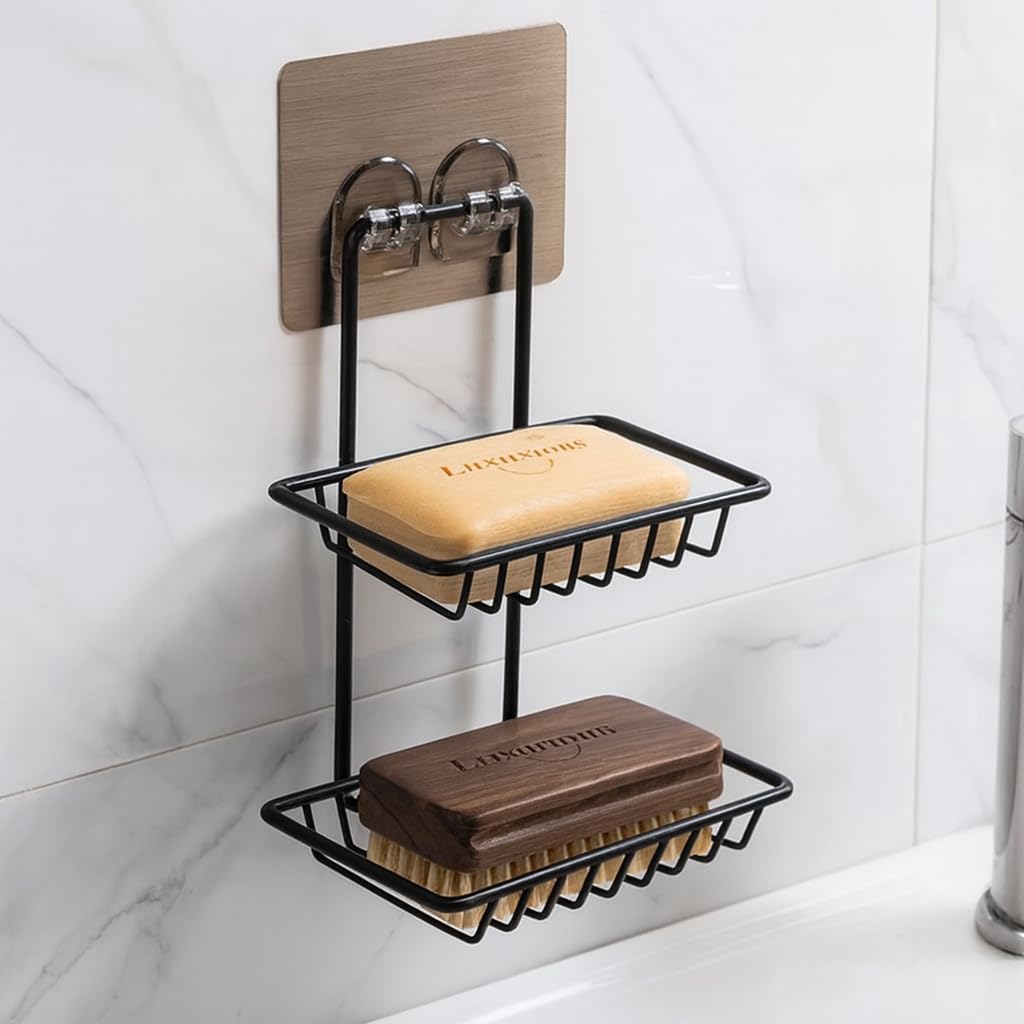 2-Tier Wall Mounted Soap Holder for Bathroom | Self Adhesive Soap Dish Rack | Rustproof Metal Shower Organizer | Strong Sticker Mount, No Drill, Space Saving Storage Shelf-image-37