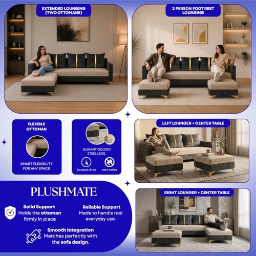 Image of Caviar 5 Seater L Shape Sofa Set with 2 Movable Ottomans | Flexible Layout | Luxury Velvet Suede Fabric | Modern Living Room Sofa | Dark Grey-Cream