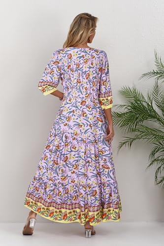Image of Women Short Sleeve V Neck Floral Print Casual Bohemian Maxi Dresses