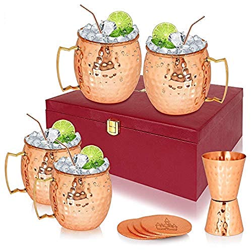Nexxa Moscow Mule Copper Mugs Set of 4 +4 Copper Straws+4 Coasters + 1 Double Shot Mug with Beautiful Red Gift Box