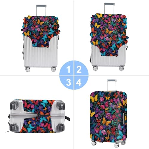 Image of Vibrant Butterfly and Floral Luggage Cover - Colorful Suitcase Protector for 20 to 22 Inch Luggage - Stretch Travel Cover with Nature-Inspired Design,S