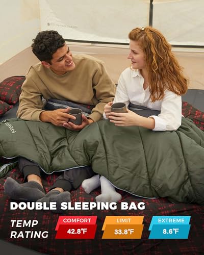 Image of KingCamp Double Sleeping Bag for Adults, Queen Size 2 Person XXL Flannel Sleeping Bag, Waterproof Lightweight Flannel Quilt with 2 Pillows, Perfect for Couples Family Camping Hiking