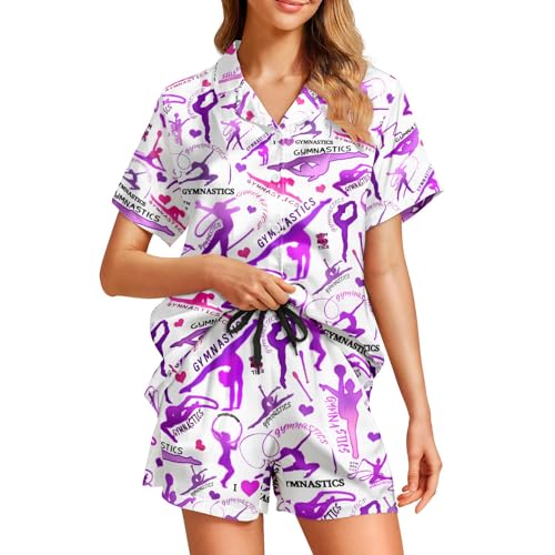 Image of Funny Pajamas for Women Set Print Satin Loungewear Pjs Short Sleeve Button Down Top and Shorts Sets Sleepwear XS-3XL