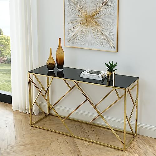 Goujxcy Modern Glass Console Table, 55"" Gold Sofa Table with Sturdy Metal Frame and Black Tempered Glass Top, for Living Room Entryway Bedroom, Gold Finish (Gold3), Large