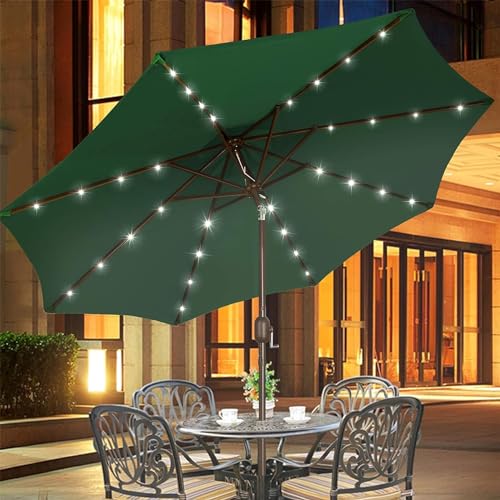 Image of Blissun 9 ft Solar Umbrella, 32 LED Lighted Patio Umbrella, Table Market Umbrella, Outdoor Umbrella for Garden, Deck, Backyard, Pool and Beach (Dark Green)