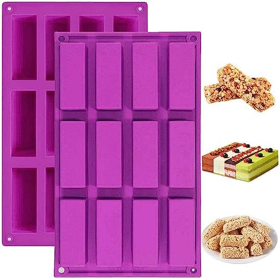 2 pack 12 cavity medium narrow silicone rectangle moulds/molds/protein bars mold/energy bars log maker for caramel bread loaf muffin brownie cornbread cheesecake pudding soap butter mould