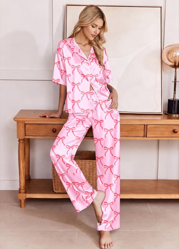 Image of Ekouaer Silk Satin Pajamas Set Women Short Sleeve Pj Sets Button Down Sleepwear 2 Piece Soft Loungewear S-XXL