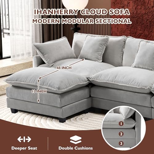 Image of Ihanherry 111.4 inch L Shaped Modern Sofa Modular Sectional Cloud Couch with Ottoman, 4-Seat Chenille Deep Seat Sofa with Pillow for Living Room, Bedroom and Apartment, Grey