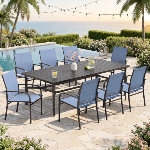 Image of SUNSHINE VALLEY 9pc Patio Dining Set, 83 inch Metal Table & 8 Blue Chairs