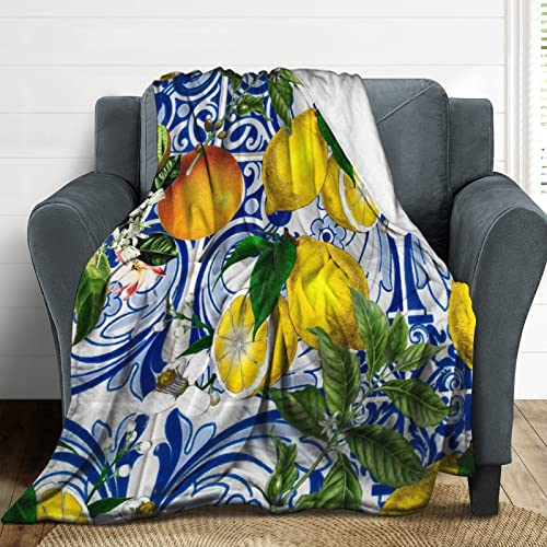 Mediterranean Lemon On Blue Ceramic Tiles Flannel Fleece Throw Blankets 50"X40" Lightweight Fluffy Winter Fall Blanket Cozy Soft Fuzzy Plush Home Decor For Couch Bed Sofa Bedroom Living Room Travel #TOP6