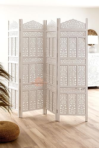 Image of Home & Goods International Foldable Wooden Room Divider Partition - Stylish Privacy Screen for Home, Office, Studio, Salon - Kangra Badrun, White (4 Panel)