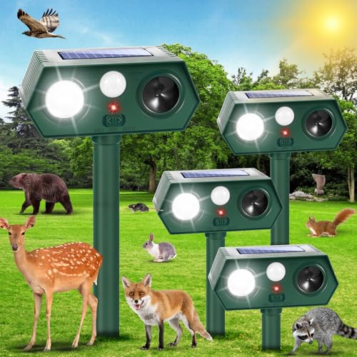 4Pack Sonic Fortress Pro Deer Repellent Device Solar Ultrasonic Animal Repellent with Flash Light to Protect Hostas&Plants Motion Activated Deer Repellent Devices for Plants Yard Garden