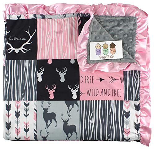 Image of Baby Blanket - Minky, Deer, Arrows and Antlers, Pink with Gray and Black, with Pink Ruffles