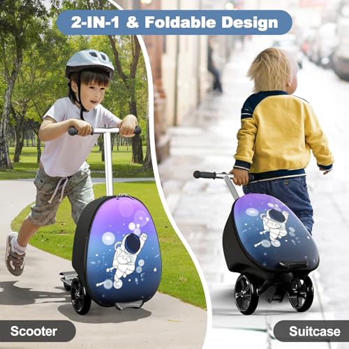 2-in-1 Ride-On Scooter Suitcase, Scooter Luggage for Kids Ages 5-12, Foldable & Lightweight Carry with LED Light-Up Wheels2