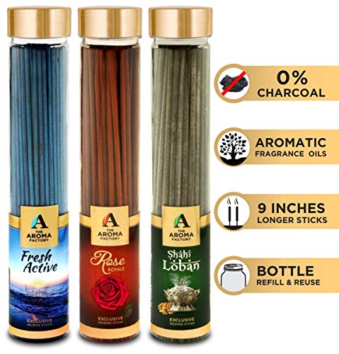 Image of The Aroma Factory Fresh Active,Rose & Loban Agarbatti for Pooja,Luxury Incense Sticks,100% Herbal Fragrance Agarbathi, 0% Surphates (Bottle Pack of 3x100g)