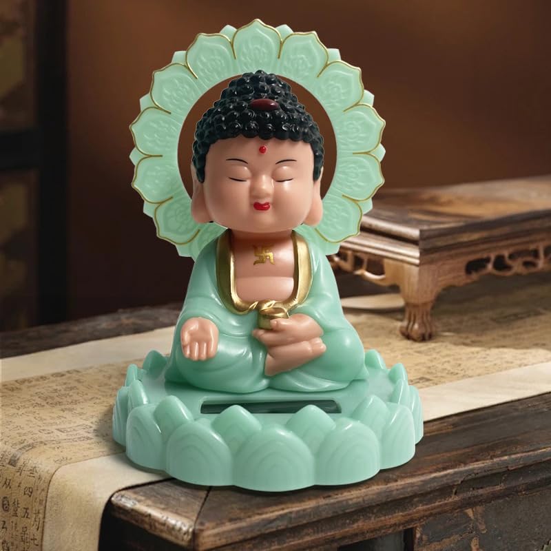 MAAGHI Plastic Solar Powered Moving Head and Hand Sitting Action Gautam Buddha Statue for Living Room | Car Dashboard | Home | Office Desk | Wealth & Prosperity, (8.5 * 8.5 * 12 Cm)(Green) 3