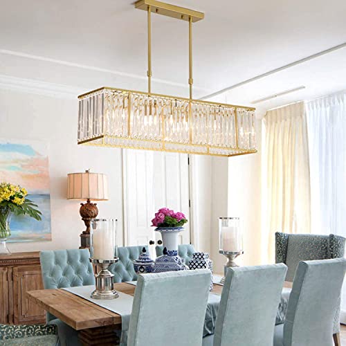 Siljoy Modern Crystal Chandeliers, 5-Light Gold Rectangle Crystal Chandelier Light Fixture, 3-Way Dimmable Hanging Ceiling Light For Dining Room Kitchen Island Living Room E12 X 5, 33.5 Inch #TOP6