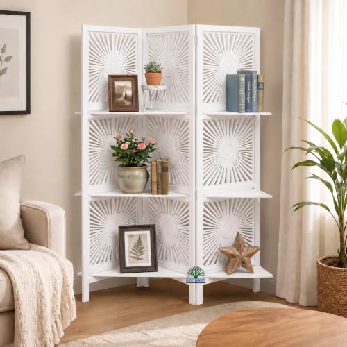 Image of 3 Panel Wooden Room Divider Partition with Shelves, Folding Privacy Screen for Living Room & Bedroom, Decorative Jali Design, 60 x 72 Inch, Sun White with Shelves