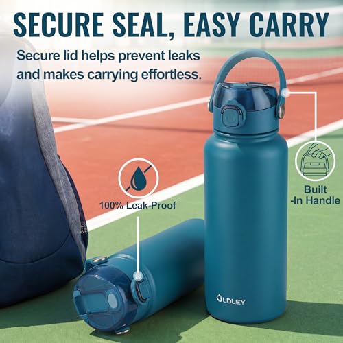 Image of OLDLEY 32oz Insulated Water Bottle with 2-in-1 Straw & Chug Lid, Leakproof Stainless Steel Bottle, Double Wall Vacuum Insulated Water Bottle for Sports, Gym, Travel,Emerald Green