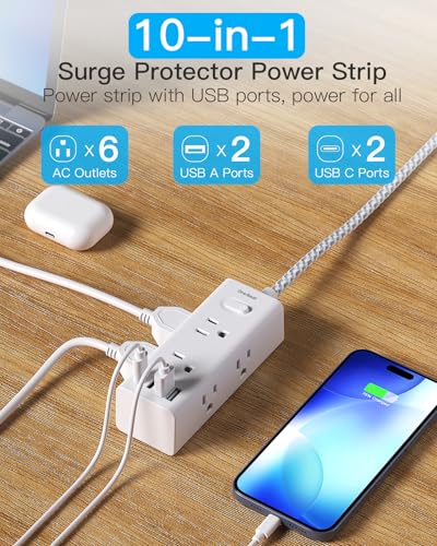 Image of Flat Plug Extension Cord 15Ft, One Beat Surge Protector Power Strip 15 Ft Cord with 6 Widely Outlets 4 USB Ports (2 USB C), 3 Way Wall Outlet Extender Extension Cord for Home Office College Dorm Room