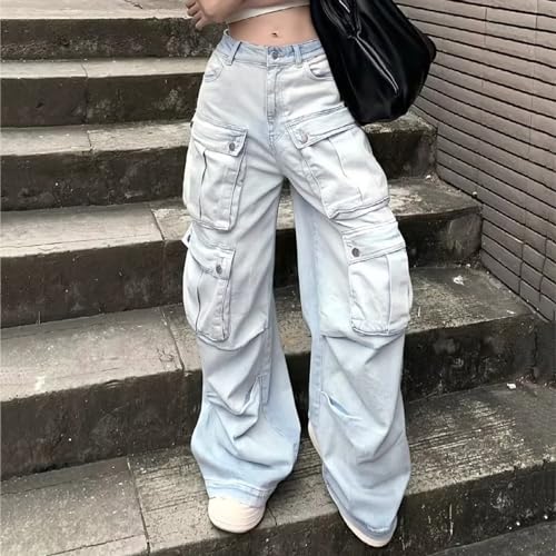 Womens Baggy Cargo Jeans Trendy Y2K Wide Leg Denim Pants Hip Hop Streetwear Vintage Long Trousers with Multi Pockets4