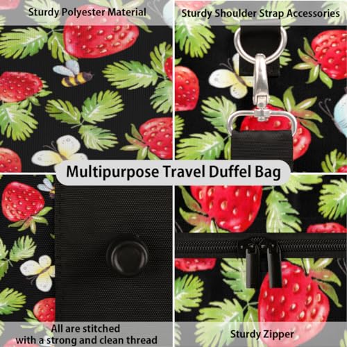 Watercolor Strawberry Leaves Travel Duffel Bag, Butterfly Bee Sports Tote Gym Bag, Foldable Weekender Overnight Bag, Luggage Handle Bag for Women Men3