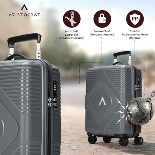 Image of Aristocrat Crystal Cabin Trolley Bag 55cm | Small Hard Luggage | 8-Wheel Suitcase for Travel | Combination Lock with Anti-Theft Zipper | Polypropylene | 3 Years International Warranty (Grey)
