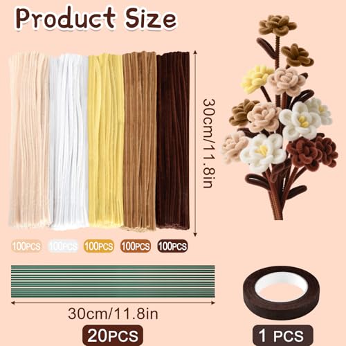 Image of ASTARON 521 Pcs 5 Colors Art Chenille Stems Pipe Cleaners Flower Making Kit | Brown Series Craft Pipe Cleaners,20 Floral Wires,Green Gardening Tape, Flowers Making Kit,Polyester Fluffy Pipe Cleaners Set