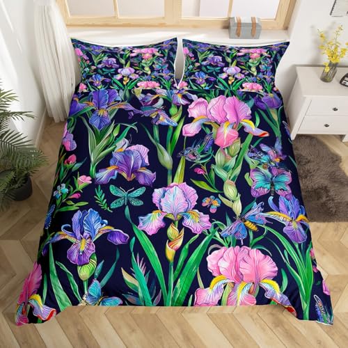 Garden Theme Duvet Cover King Purple Irises Flower Comforter Cover Butterfly Dragonfly Bedding Set for Kids Girls Teens Women Bedroom,Pink Floral Green Leaves Decor Quilt Cover with 2 Pillow Cases