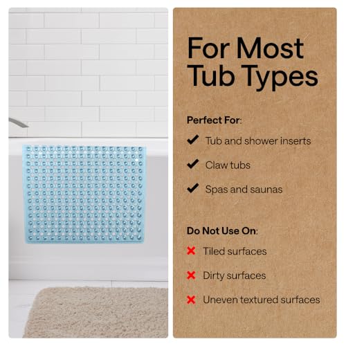 Image of GORILLA GRIP Patented Bath Tub Shower Mat, Machine Washable Bathtub Floor Liner Mats, Suction Cups and Drain Holes to Keep Tubs Clean, Soft on Feet, Bathroom Essentials, 35x16 Inch, Clear Blue