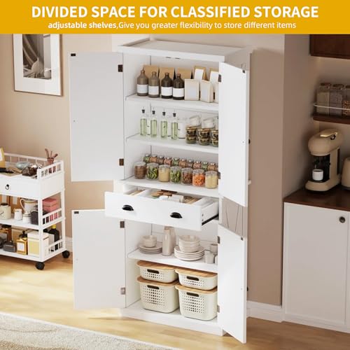 DWVO 72'' Farmhouse Kitchen Pantry, Rustic Wood Kitchen Storage Cabinets with Adjustable Shelves & Drawer, Tall Freestanding Cupboard for Dining Room, Living Room, White