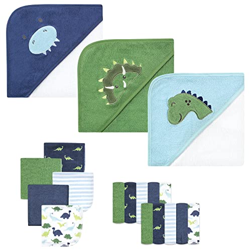 Image of Hudson Baby Unisex Baby Animal Hooded Towel 3pk and 15 Washcloths, Dinosaur, One Size
