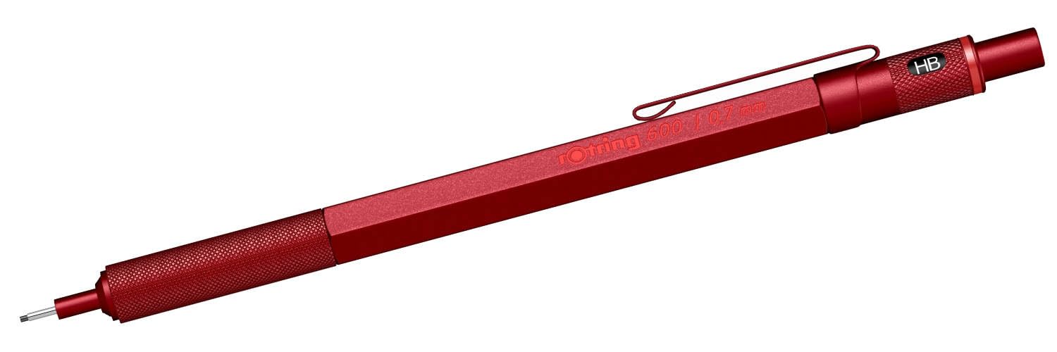 rOtring Juego de 600 portaminas - Rojo | Lápiz metálico recargable de 0,7 mm + 2 minas HB + estuche de terciopelo rojo | Agarre moleteado | Herramienta de dibujo y escritura para profesionales