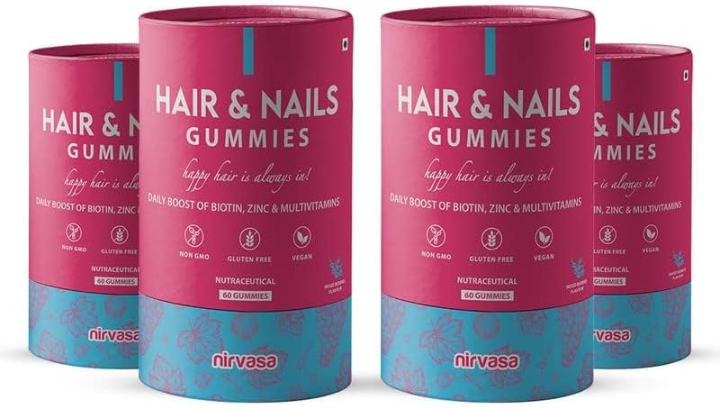 Nirvasa Hair & Nail Gummies with Biotin | Helps Keep Hair, Nail, Skin Healthy & Nourished | Ideal Supplement for Men & Women | Sugar-Free I Mixed Berries Flavoured – 60 Gummies Set of 4 Nirvasa Hair & Nail Gummies with Biotin | Helps Keep Hair, Nail, Skin Healthy & Nourished | Ideal Supplement for Men & Women | Sugar-Free I Mixed Berries Flavoured – 60 Gummies Set of 4