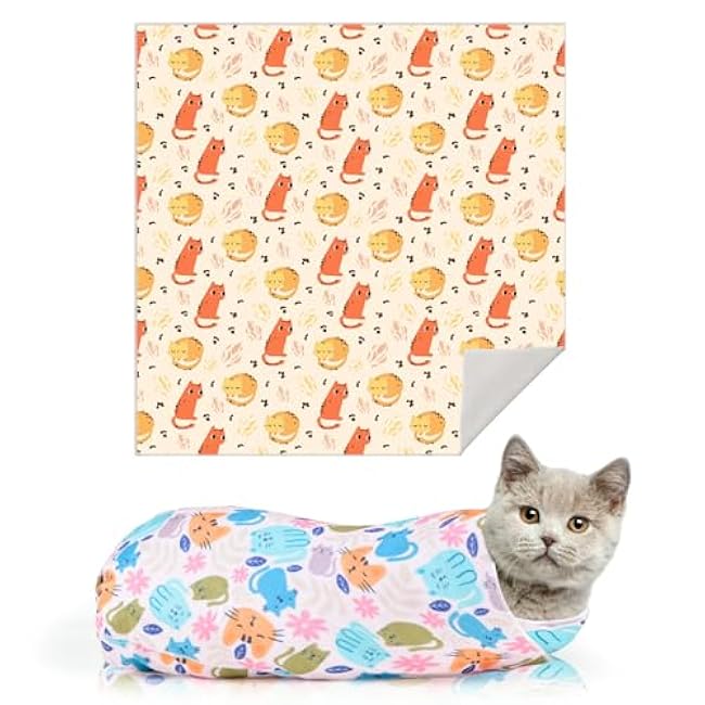Cat Wrap for Cutting Nails, Self-Adherent Cat Grooming Supplies, Anti-Scratch Cat Restraint Bag, Cat Swaddle Wrap for Cat Calming, Nail Clipping, Teeth Brushing, Cat Holding (Orange Kitten, 8lbs)-LHiY2AVd