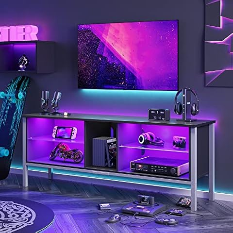 Bestier TV Stand Cabinet Entertainment Centre Gaming TV Stand for 160CM TV with LED Light Modern TV Media Console with Glass Shelves Cover