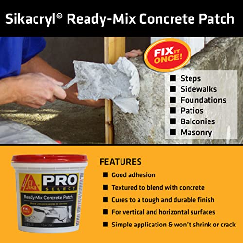 Sikacryl Ready-Mix Concrete Patch, Gray. A Ready To Use, Textured Patch For Reparings Spalls And Cracks, 1 Qt & Qep 6 In. X 2 In. Comfort Grip Flat Margin Flooring Trowel With Bucket Hook, Silver #TOP2