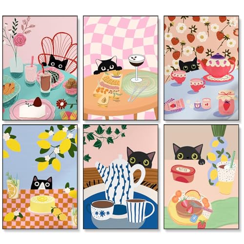 Juego de 6 pinturas por números para adultos principiantes, kits de pintura por números en lienzo sin marco, divertida pintura al óleo acrílica de gato negro por números para decoración del hogar,