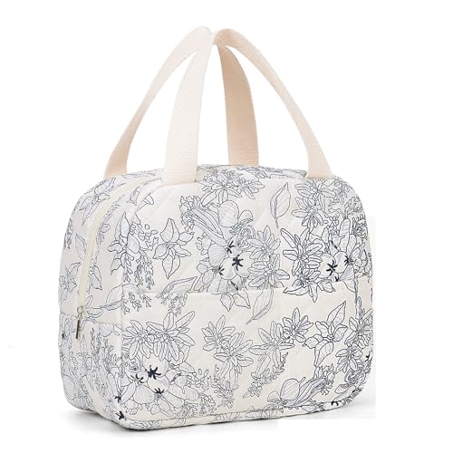 BBIQI Cute Lunch Box for Women Small Floral Lunch Box Quilted Lunch Tote Bag With Front Pocket Insulated Lunch Bag for Work Study