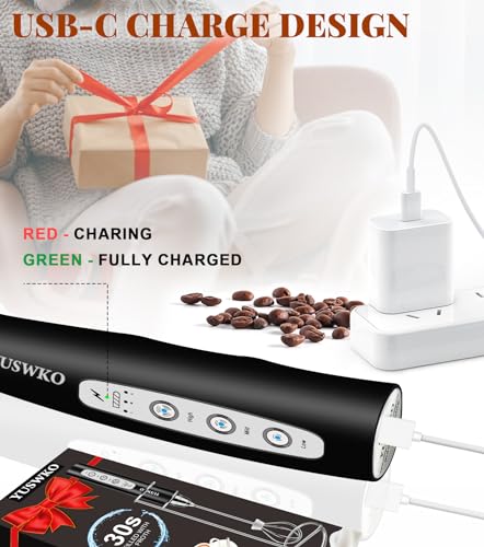 Image of YUSWKO Milk Frother Handheld for Coffee with Stand, Rechargeable Drink Mixer with 3 Heads 3 Speeds Electric Coffee Frother Whisk, Gift for Many Occasions and Festival