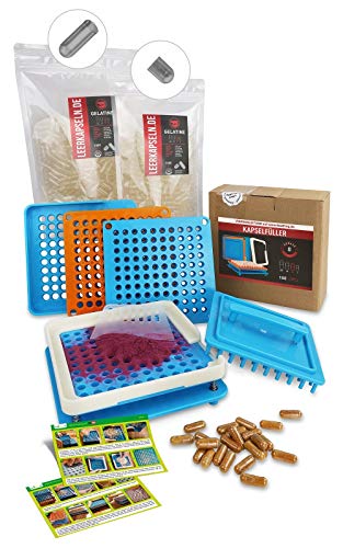 Kapselfüller + 1000 Leerkapseln Gr. 0 | getrennte Gelatine Kapselhälften - kein vorheriges Öffnen nötig | Kapselfüllgerät [100 Löcher] zum selber