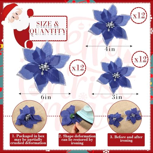 36 Pcs 3 Size Christmas Poinsettia Christmas Tree Flowers Glitter Faux Flowers Decoration Artificial Poinsettia Ornaments For Christmas New Year Home Outdoor Decoration (Navy Blue,3/ 4/ 6 Inch) - Image 3