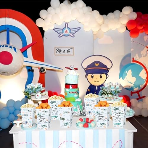 Image of 12 PCS Airplane Plane Popcorn Boxes Airplane Gift Goodie Bags Box Birthday Party Decorations Time Flies Robot Candy Boxes for 1st Birthday Baby Shower Decor