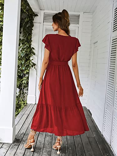 PRETTYGARDEN Women's Summer Floral Boho Maxi Dress Wrap Short Sleeve V Neck Ruffle A-Line Flowy Wedding Guest Long Dresses