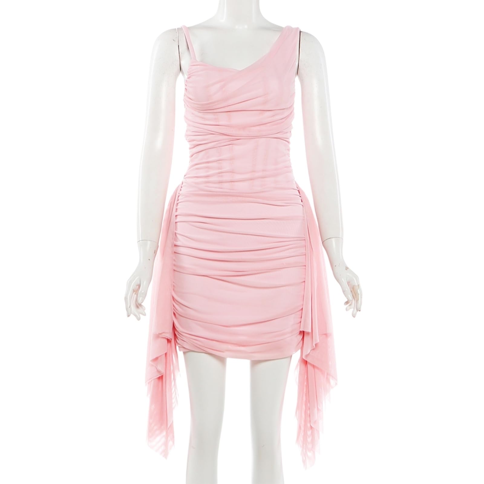 Vestito Donna Elegante Ruffle Mini Abito V Collo Senza Maniche Bodycon Rete Festa Cocktail Estivo-Pink-s