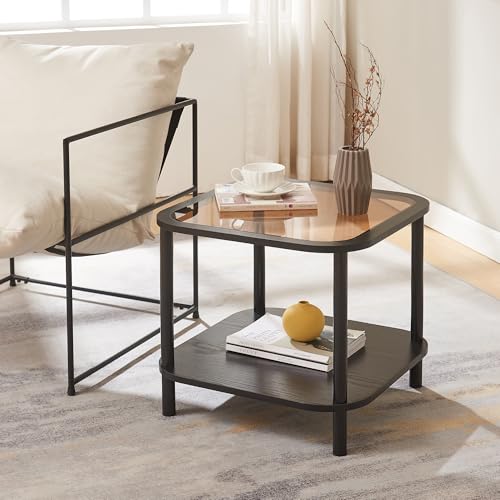 [en.casa] Tavolino da Caffè con Piano Quadrato in Vetro Fumé Bronzo Tavolo Basso Laterale da Divano Poltrona con Ripiano 51 x 51 x 45 cm per Soggiorno Salotto Camera da Letto - Nero