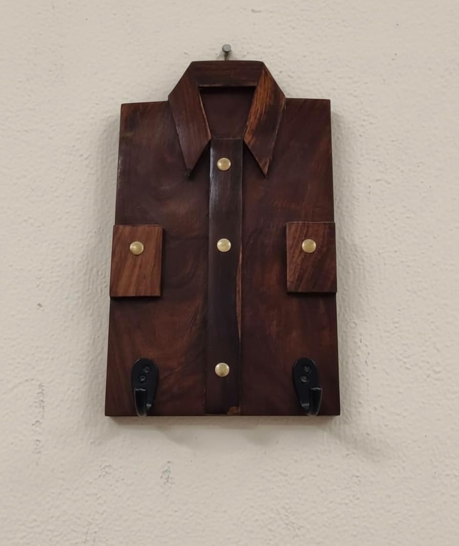 Handcrafted Wooden Shirt Key Holder for Wall with Strong Hooks for Keys