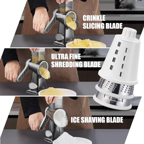 Image of KEOUKE Rotary Cheese Grater Pro 6 in 1 - Shredder Crinkle Slicer Grinder Ice Shaver, Stable Suction, Time-saving Easy Use & Clean, Safe Morden Kitchen Tool for Cheese, Vegetable, Nuts, Chocolate