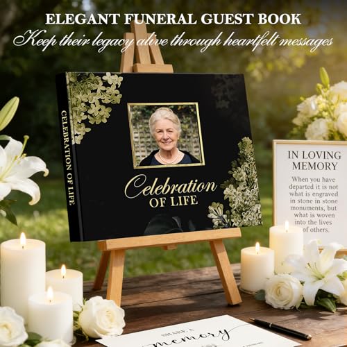 Image of Lanpn Funeral Guest Book for Memorial Service, 100 Pages in Loving Memory Sign in Books for Guests, Funeral Favors Registry Book with Memorial Table Sign, Black, Leather Cover